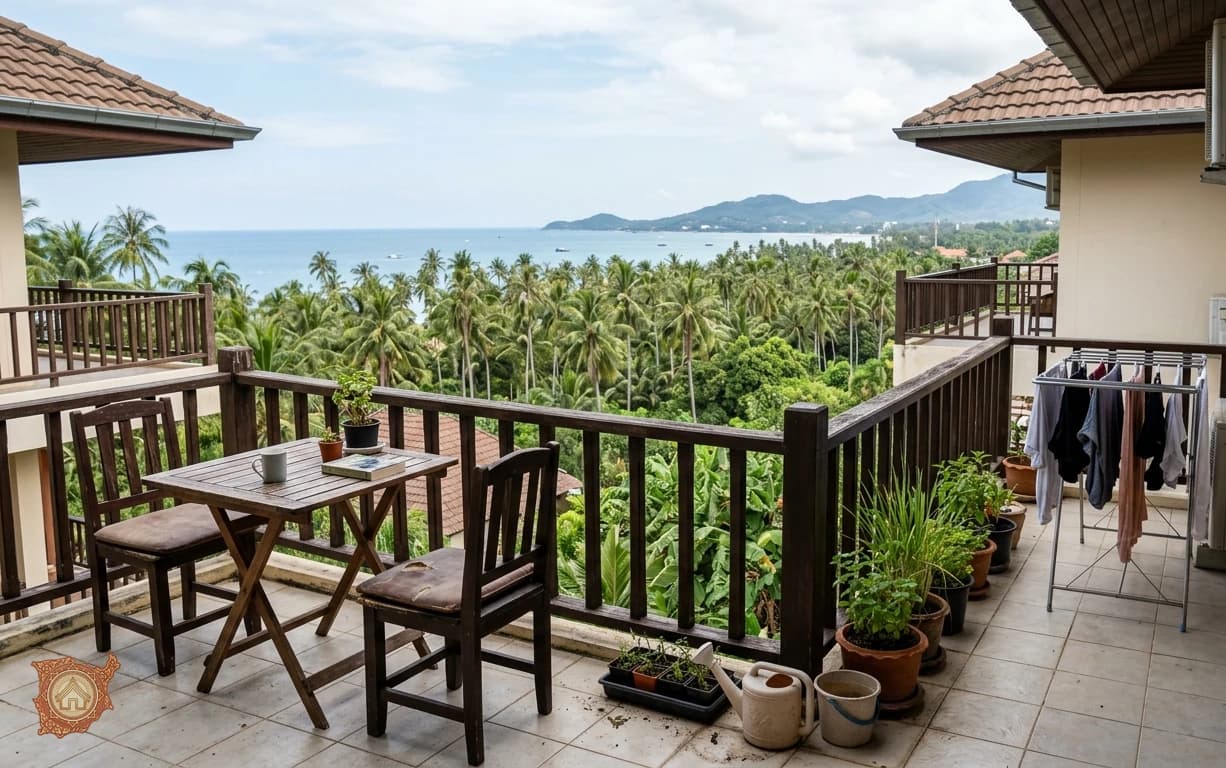 Balcony of a long term rental apartment on Koh Samui overlooking palm trees