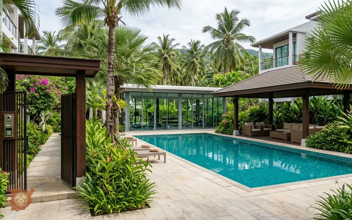 Shared pool and gym facilities of a condominium building on Koh Samui
