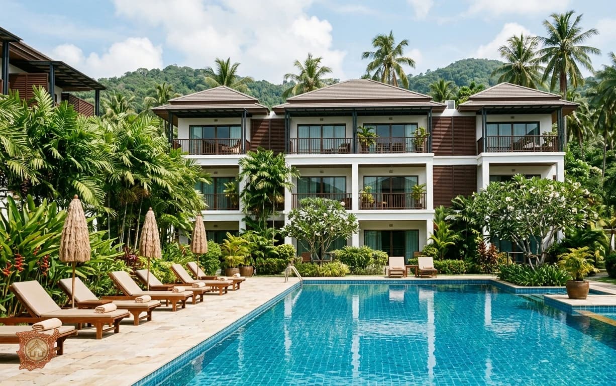 Apartment for rent in Koh Samui in a low rise condominium with a shared pool