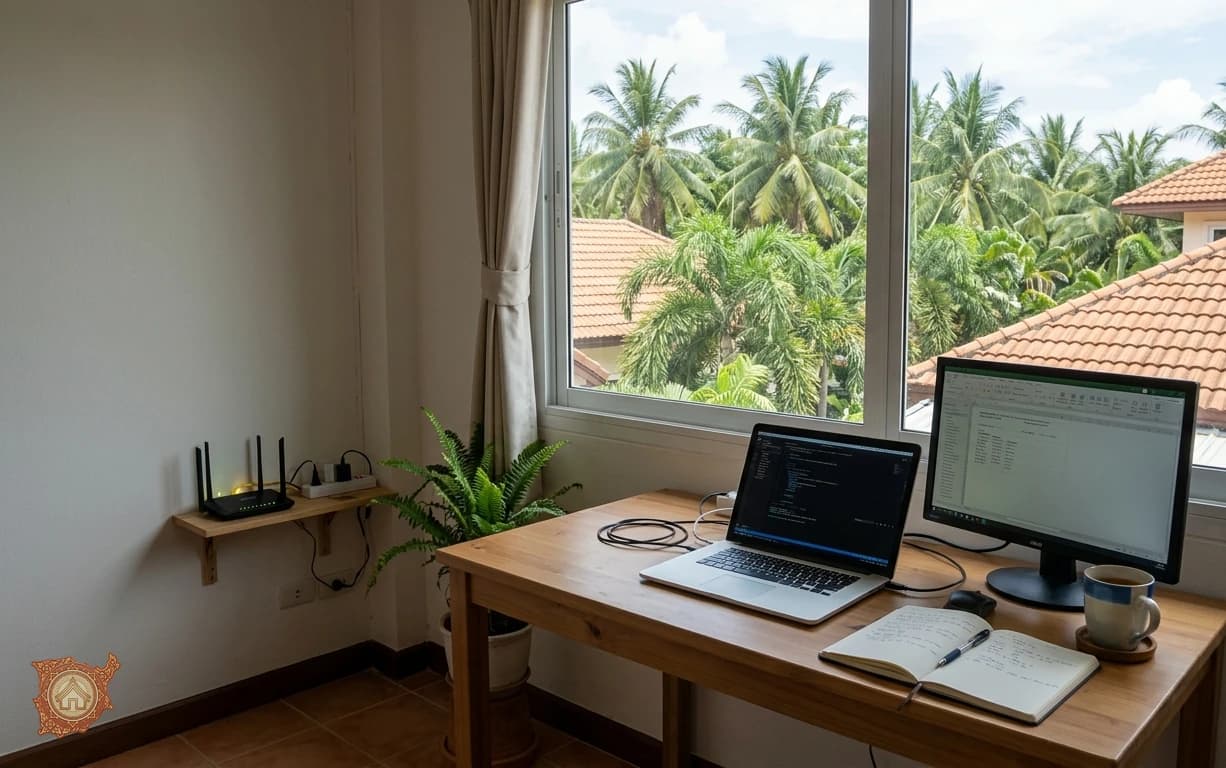 Remote work desk by the window of a rented apartment on Koh Samui