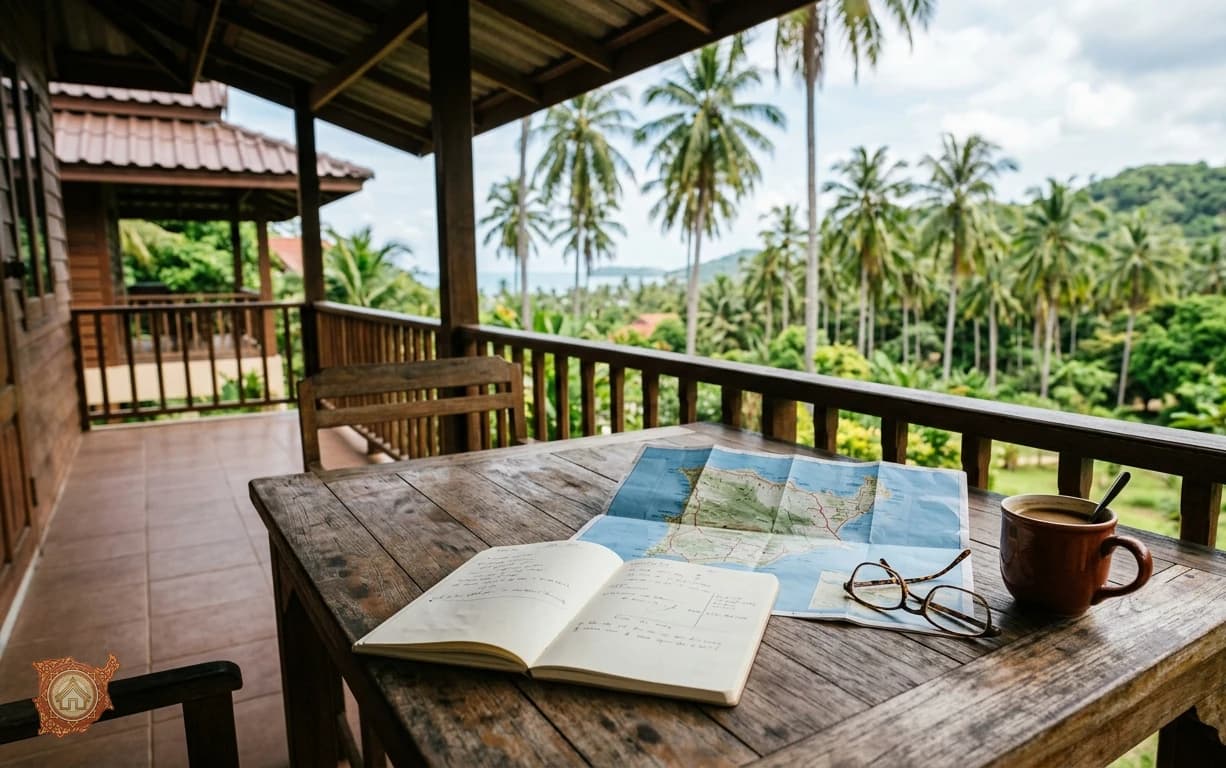 Guides to renting long term on Koh Samui spread out on a table