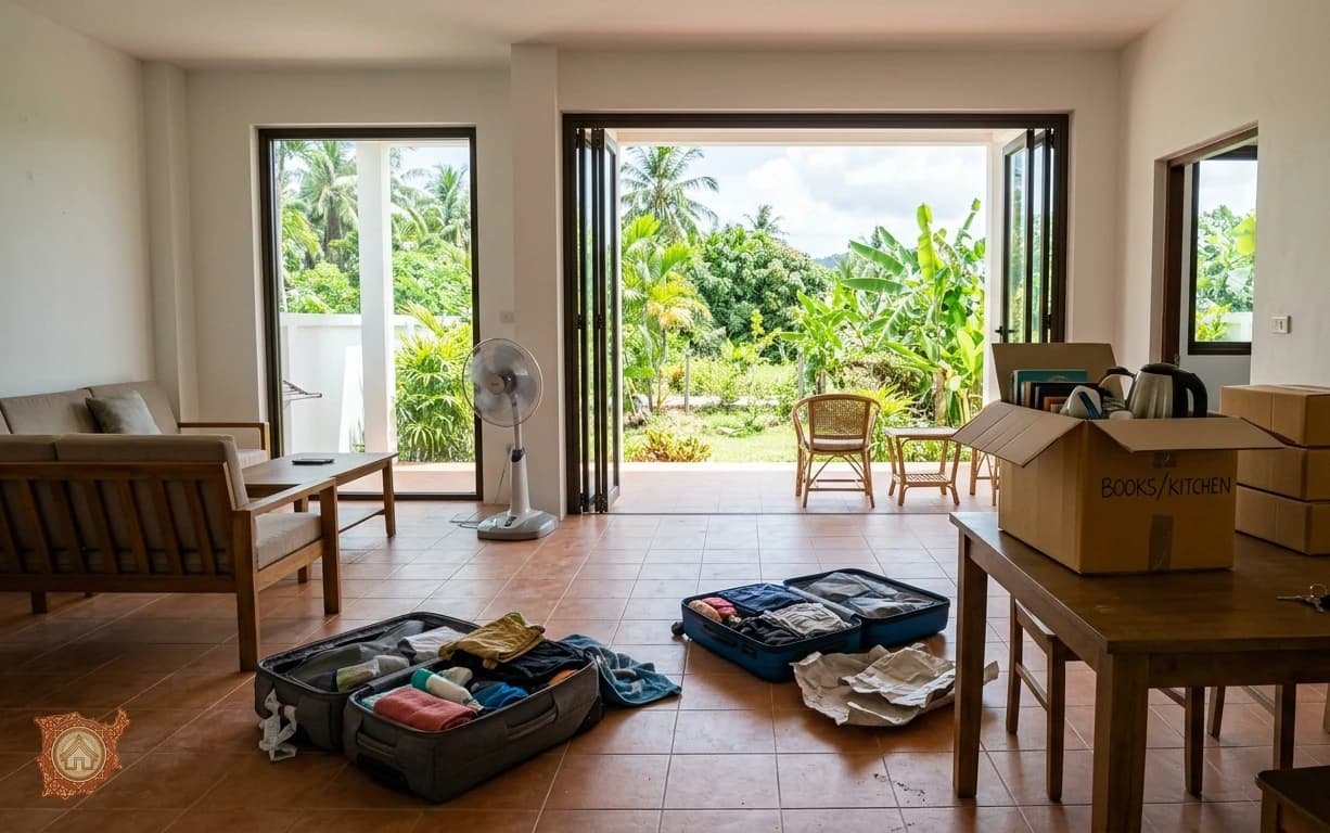 Unpacking suitcases in a newly rented home on Koh Samui