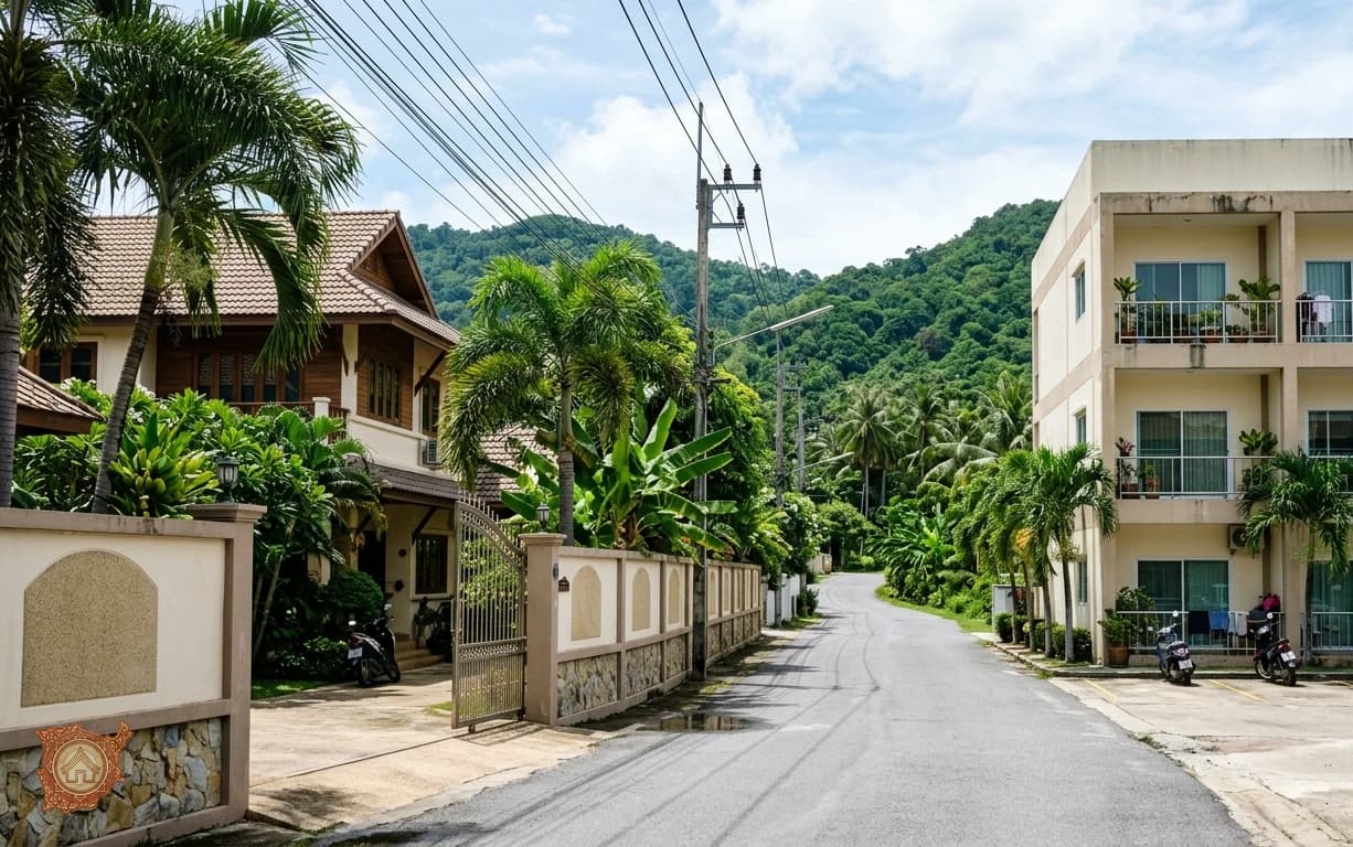 A Koh Samui street where villas and low rise apartment buildings sit side by side