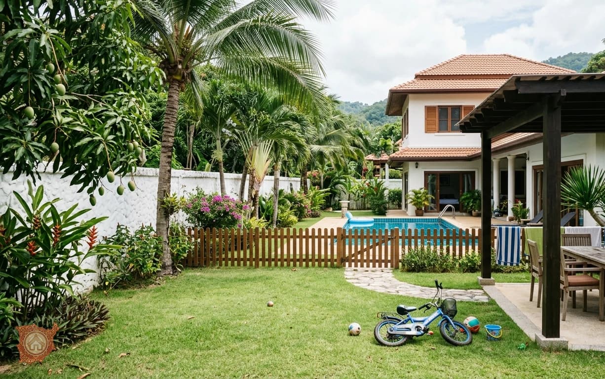 Family villa rental on Koh Samui with a fenced garden and safe pool area