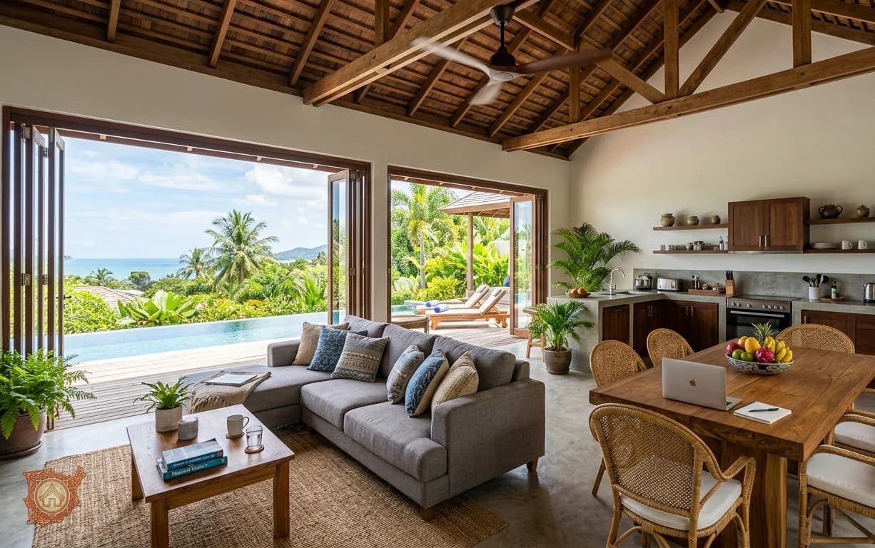Open plan living room of a furnished villa for rent on Koh Samui