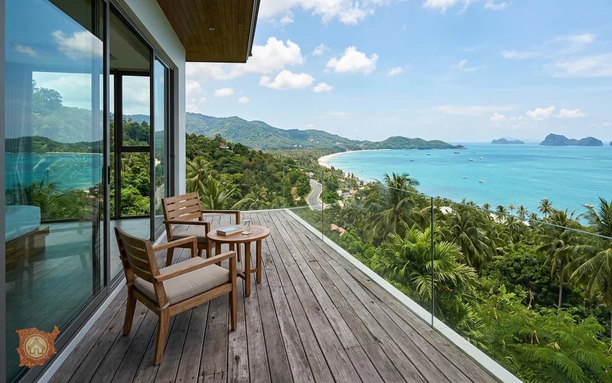 Sea view villa for rent on Koh Samui with a terrace above the bay