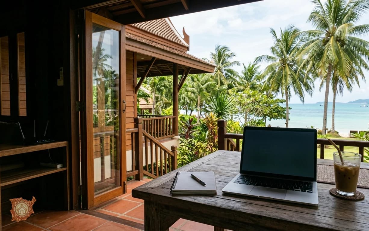 Remote work setup on the terrace of a rented house on Koh Samui