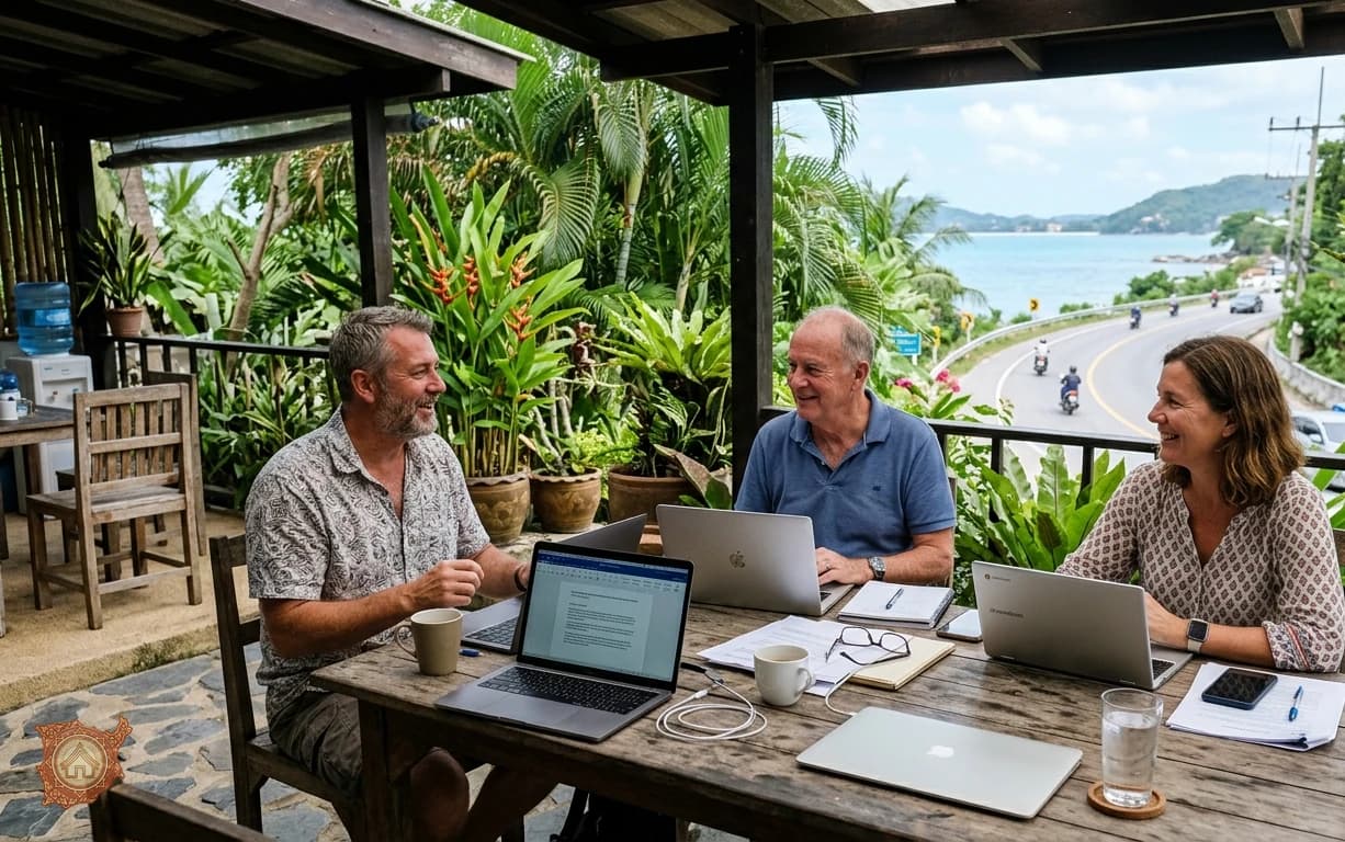 Local Koh Samui rental experts meeting outdoors to compare notes