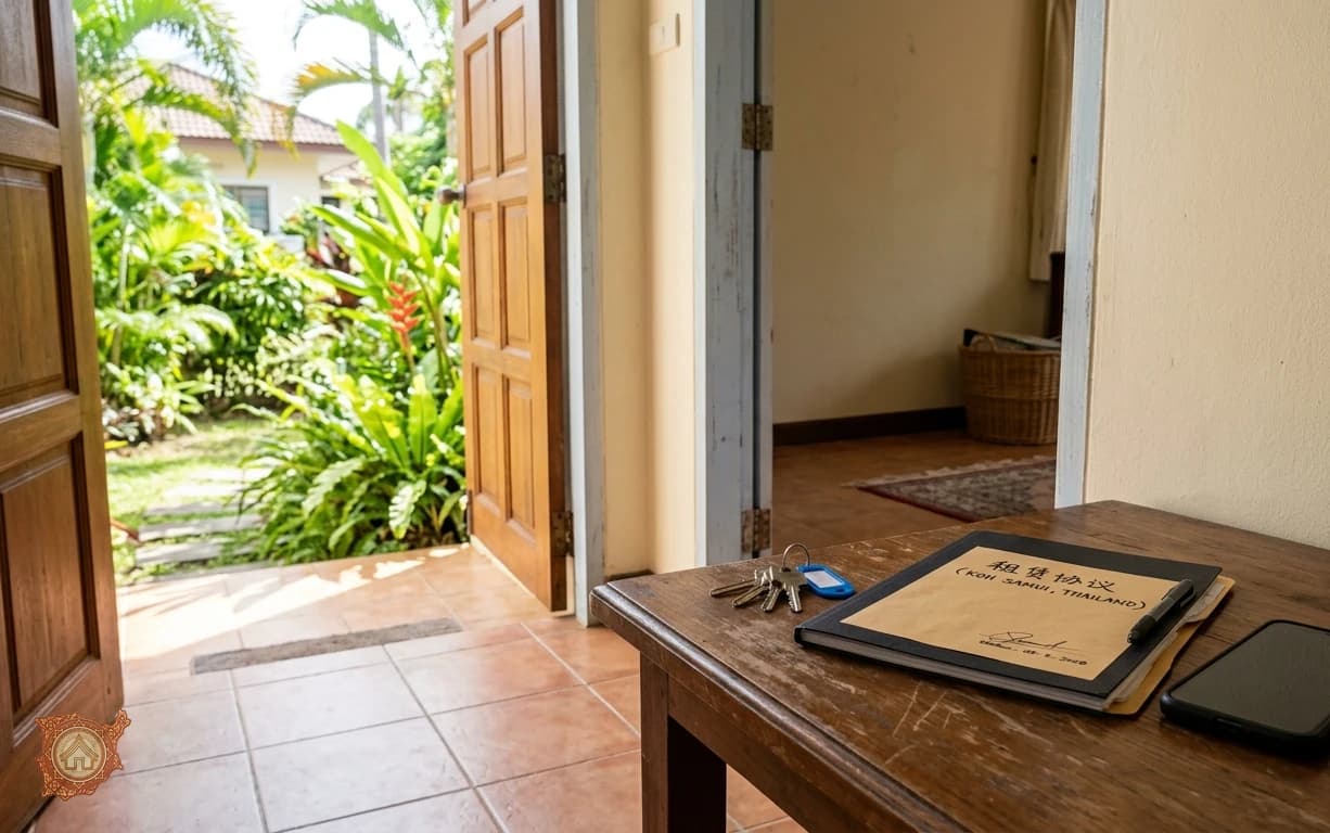 Keys handed over at the door of a rented house on Koh Samui