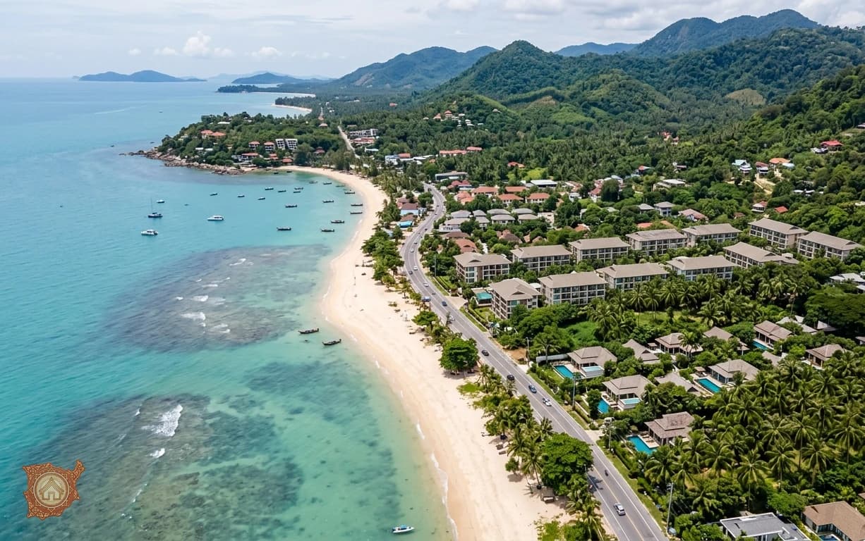 Aerial view of the Koh Samui coastline showing residential districts and beaches