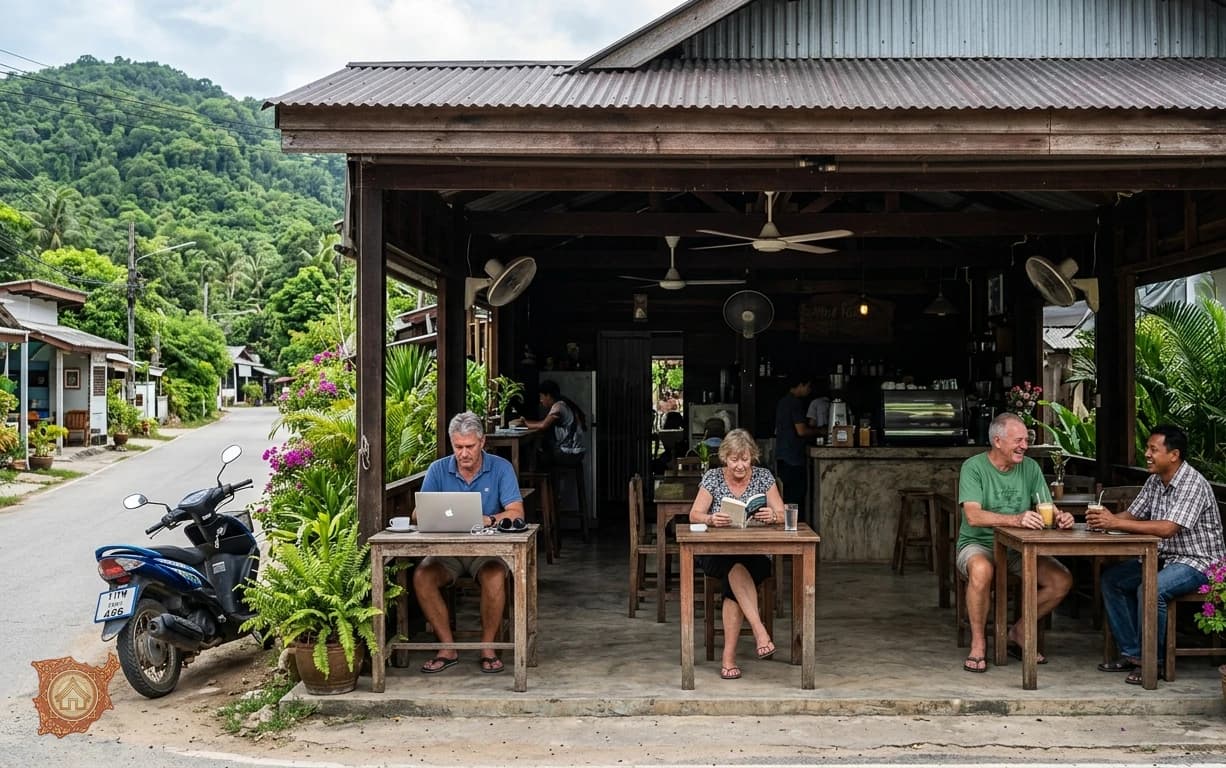 Long stay residents working and talking at an open air cafe on Koh Samui